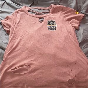 Pink Distressed Shirt with Open Back and Patched